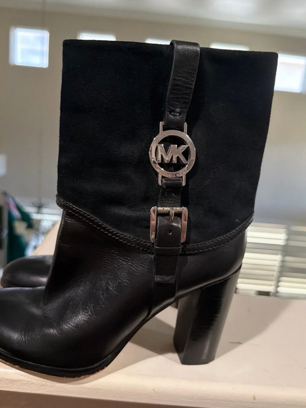 Michael Kors Black Leather & Suede Block Heel Mid-Calf Boots
